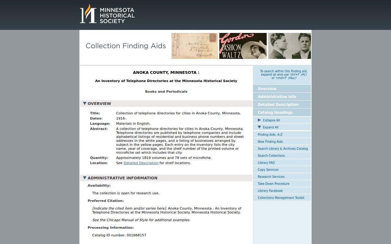 Andover city directory telephone-directory holdings in the Minnesota Historical Society finding aid