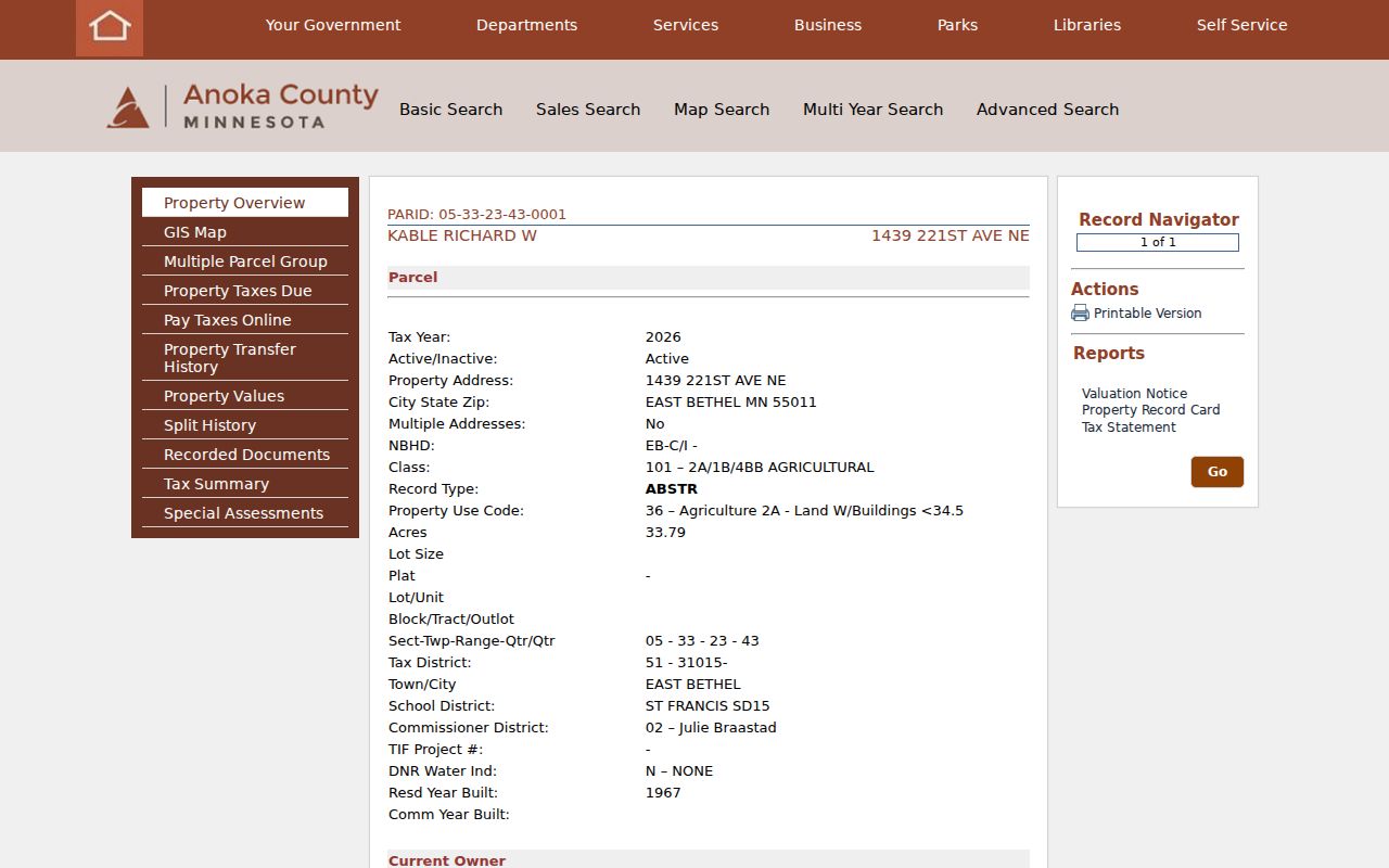 Andover street directory reference showing an Anoka Property Access sample parcel card