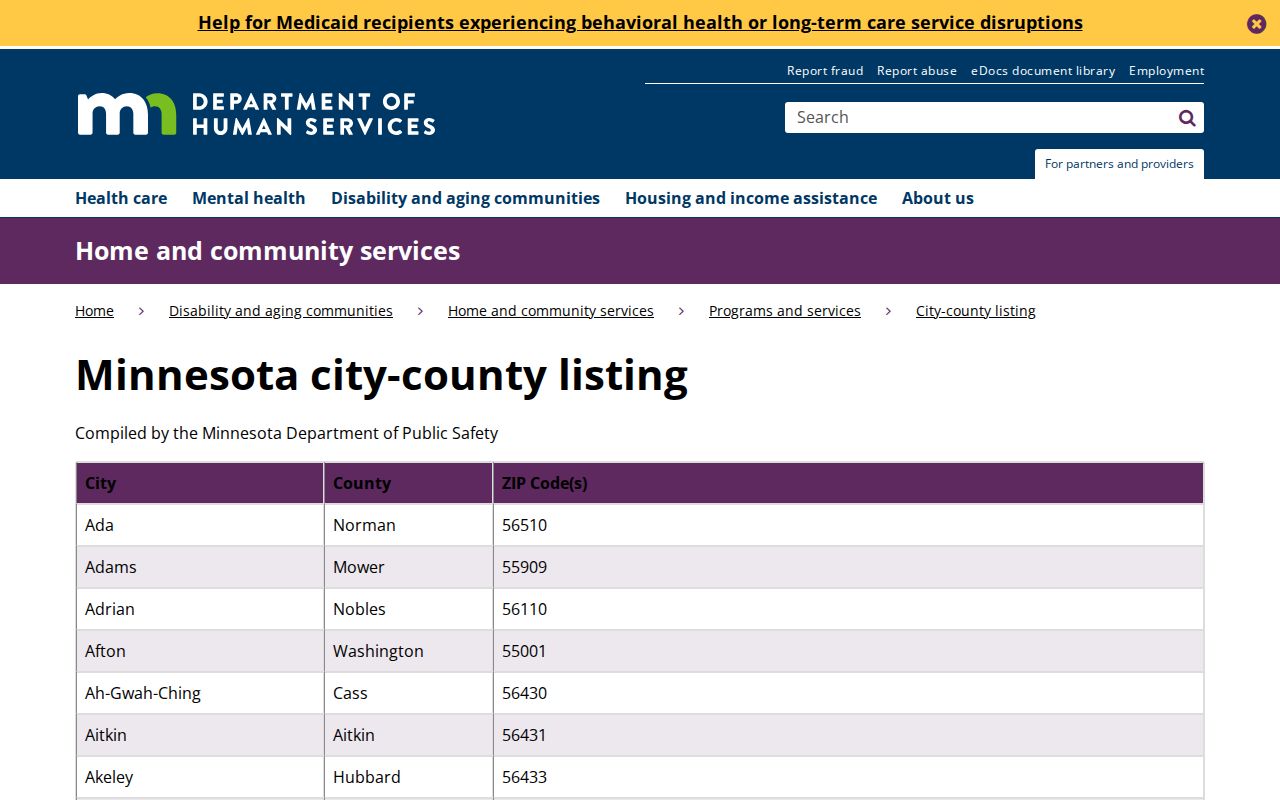 Andover ZIP Code Directory image of the Minnesota city and county ZIP listing